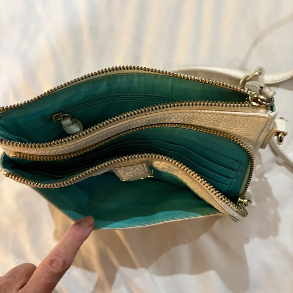 Jack Rogers White Pebbled Leather Crossbody Organizer Bag Silver Chain Strap